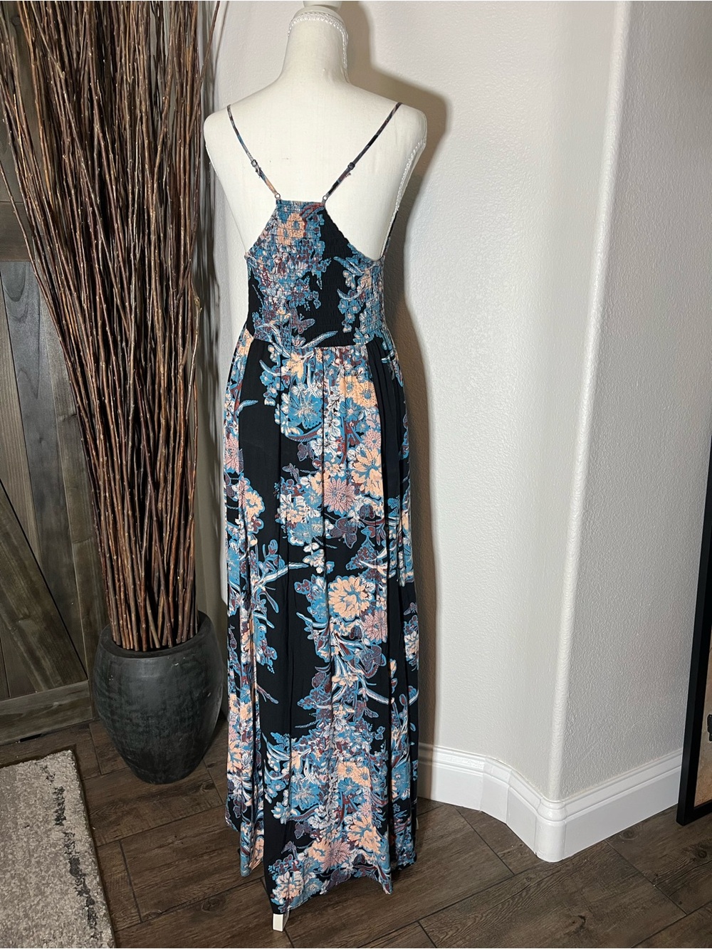Free People Black Maxi Dress with Blue and Blush Floral Pattern - Picture 3 of 6